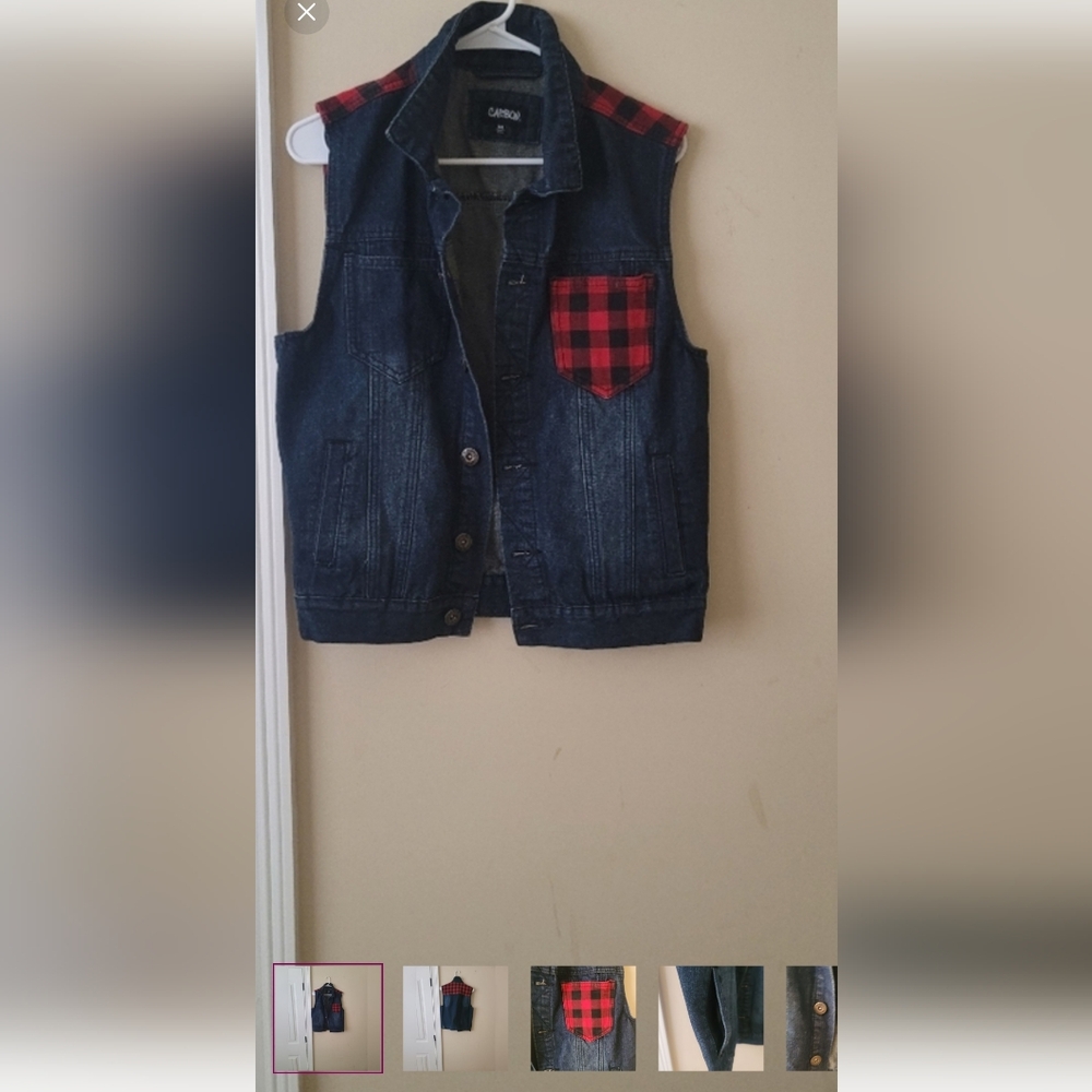 Carbon Dark Blue Denim Red Black Buffalo Vest Jackets & Coats